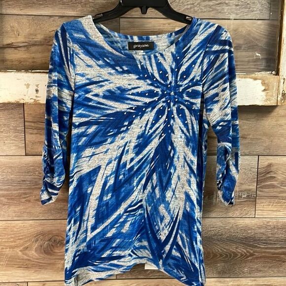 GRAYSON Womens Floral Rhinestone Embellished 3/4 Ruched Sleeve Top Size PS - Picture 2 of 8